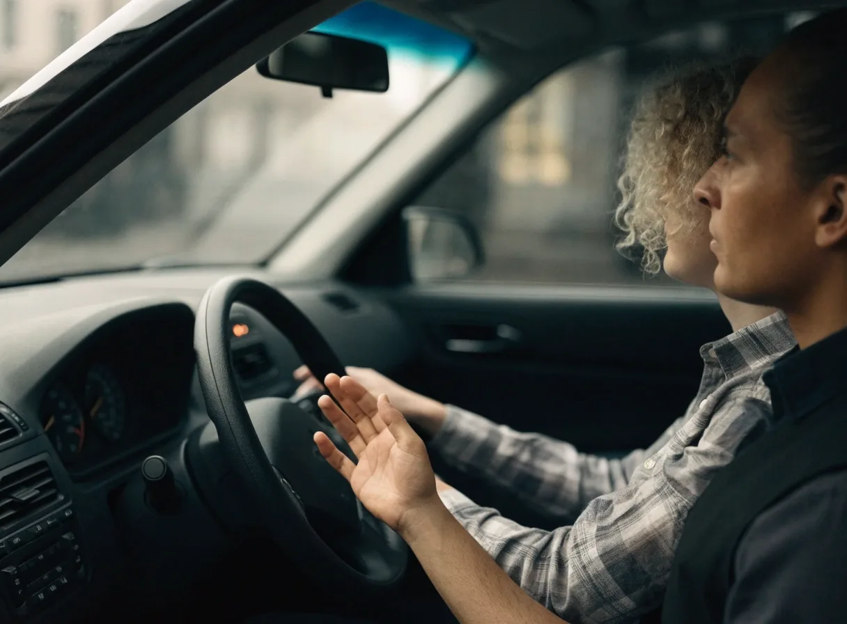 Autokoulun auton ohjauspyörä ja vilkkukytkin kuljettajan paikalta kuvattuna