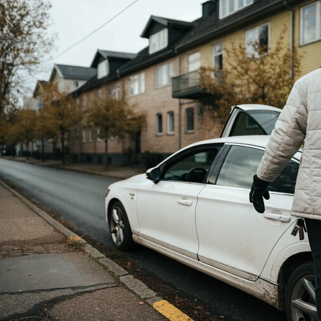 Pitkäaikaisvuokrattu auto haltijan käytössä suomalaisella asuntokadulla