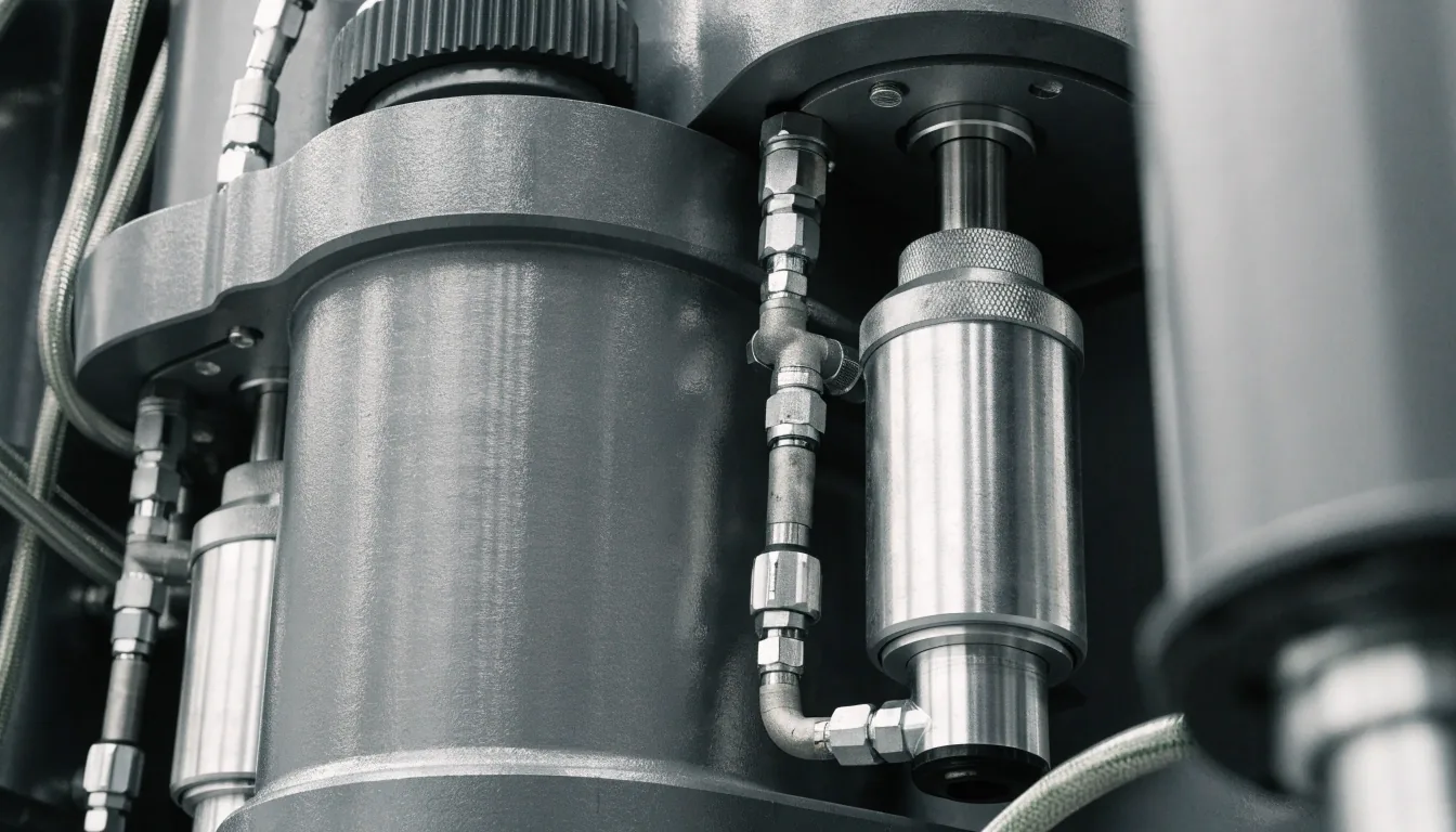 Tienhoitokaluston hydrauliikkasylinterien ja letkukimpan lähikuva tasaisessa valaistuksessa