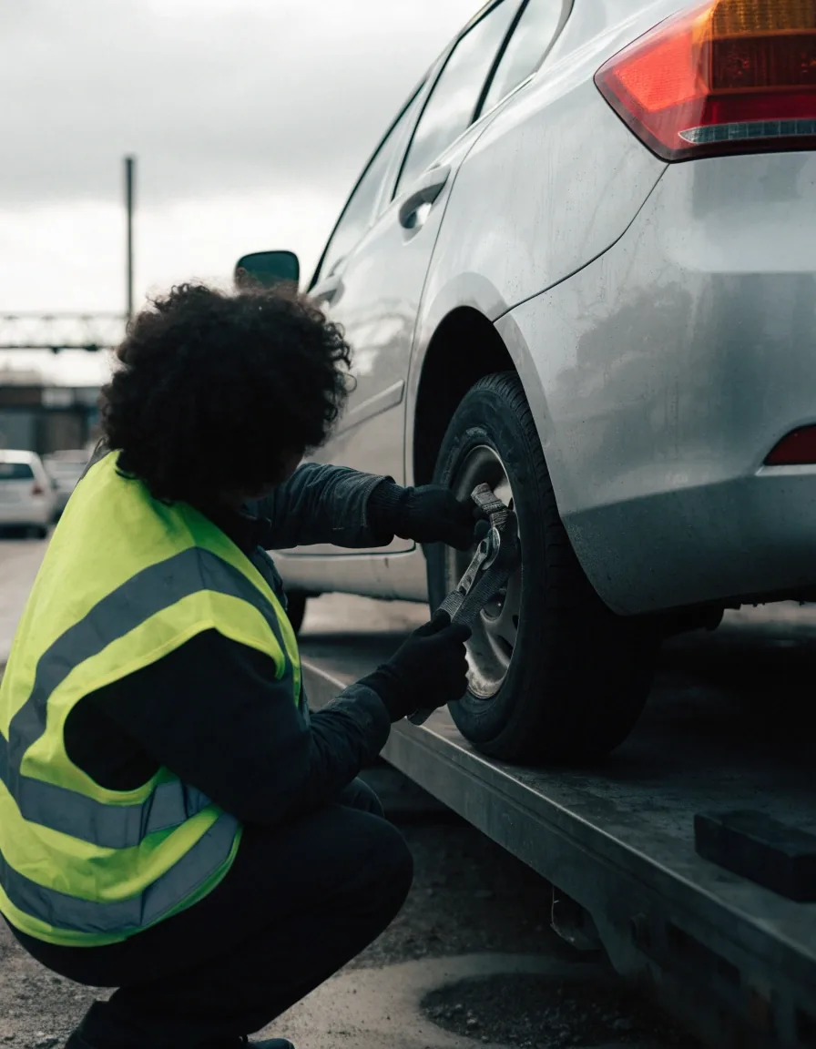 Henkilöauto lastattuna perävaunuun teollisuuspihalla